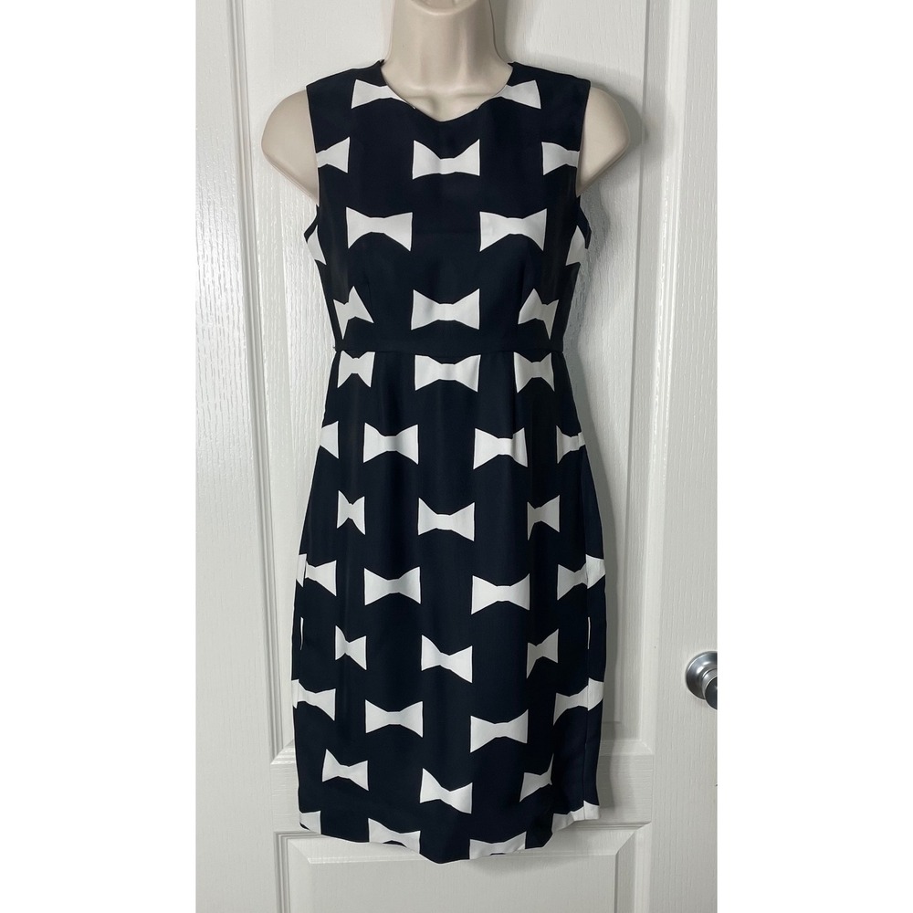 Kate Spade New York Black White Bow Print Sleeveless Sheath Dress Size 00 Zip